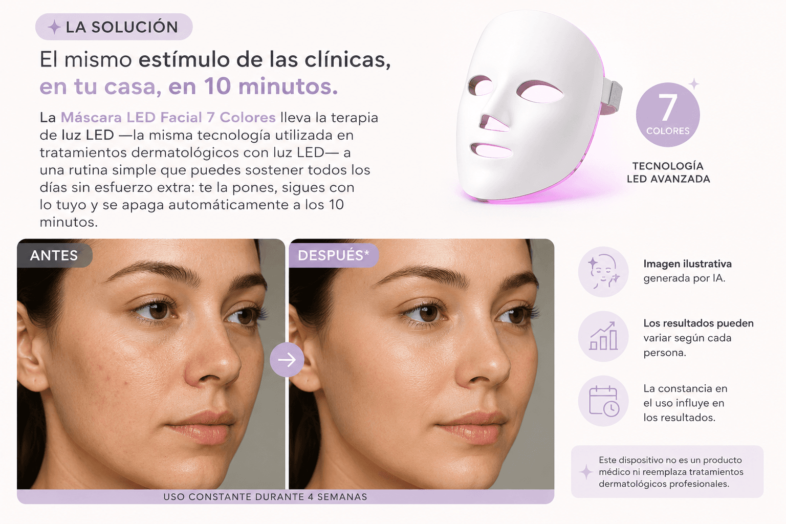 Concepto ilustrativo generado por IA de un antes y después de rutina con máscara LED — imagen referencial, no un caso documentado